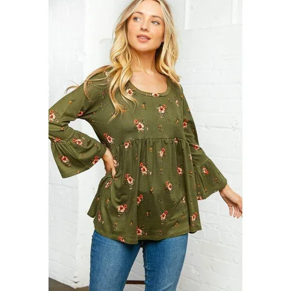 Olive Floral Bell Sleeve Babydoll Peplum Top - Picture 2 of 11